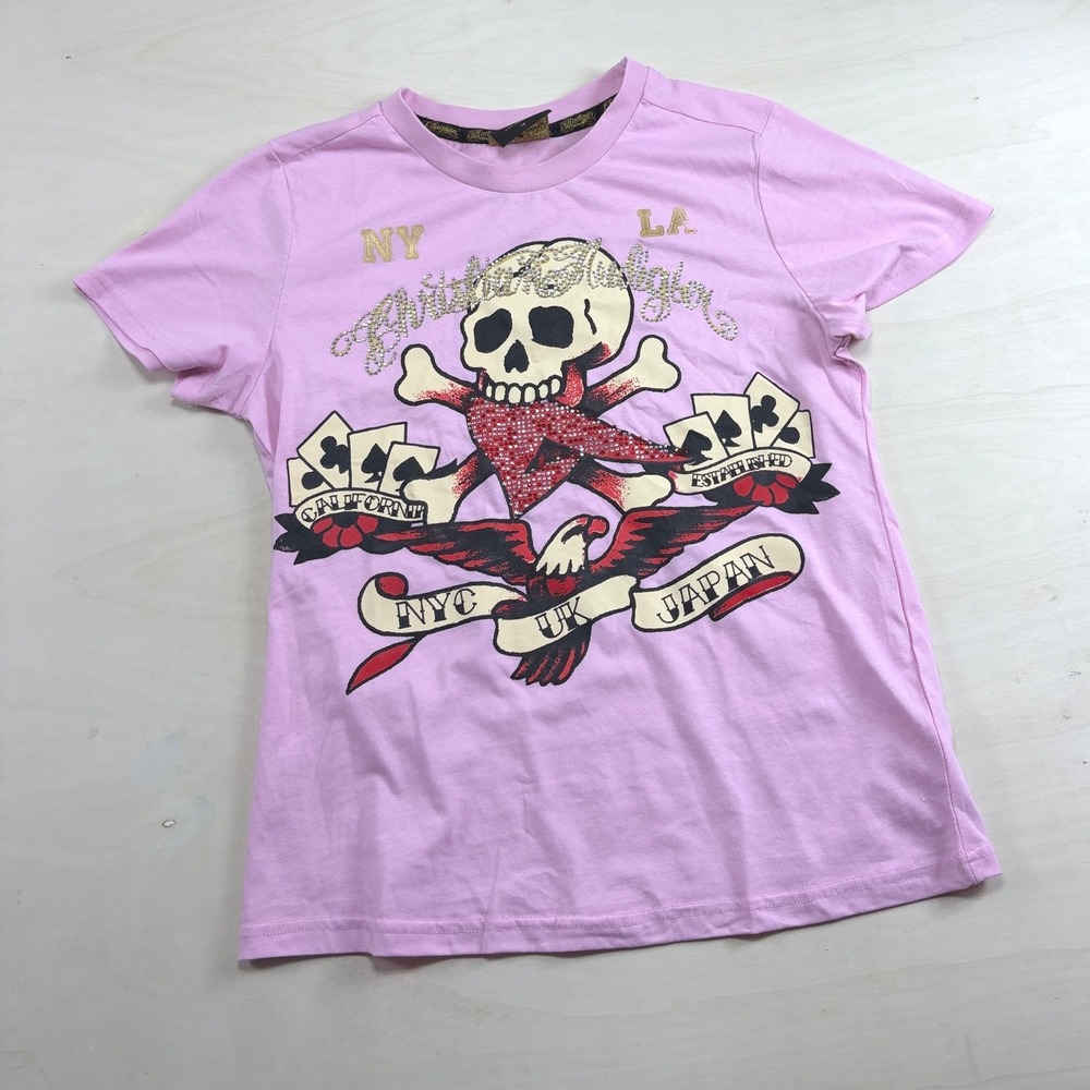 Christian Audigier Pink Rhinestone Skull Graphic Tee Y2K Tattoo Shirt 1X